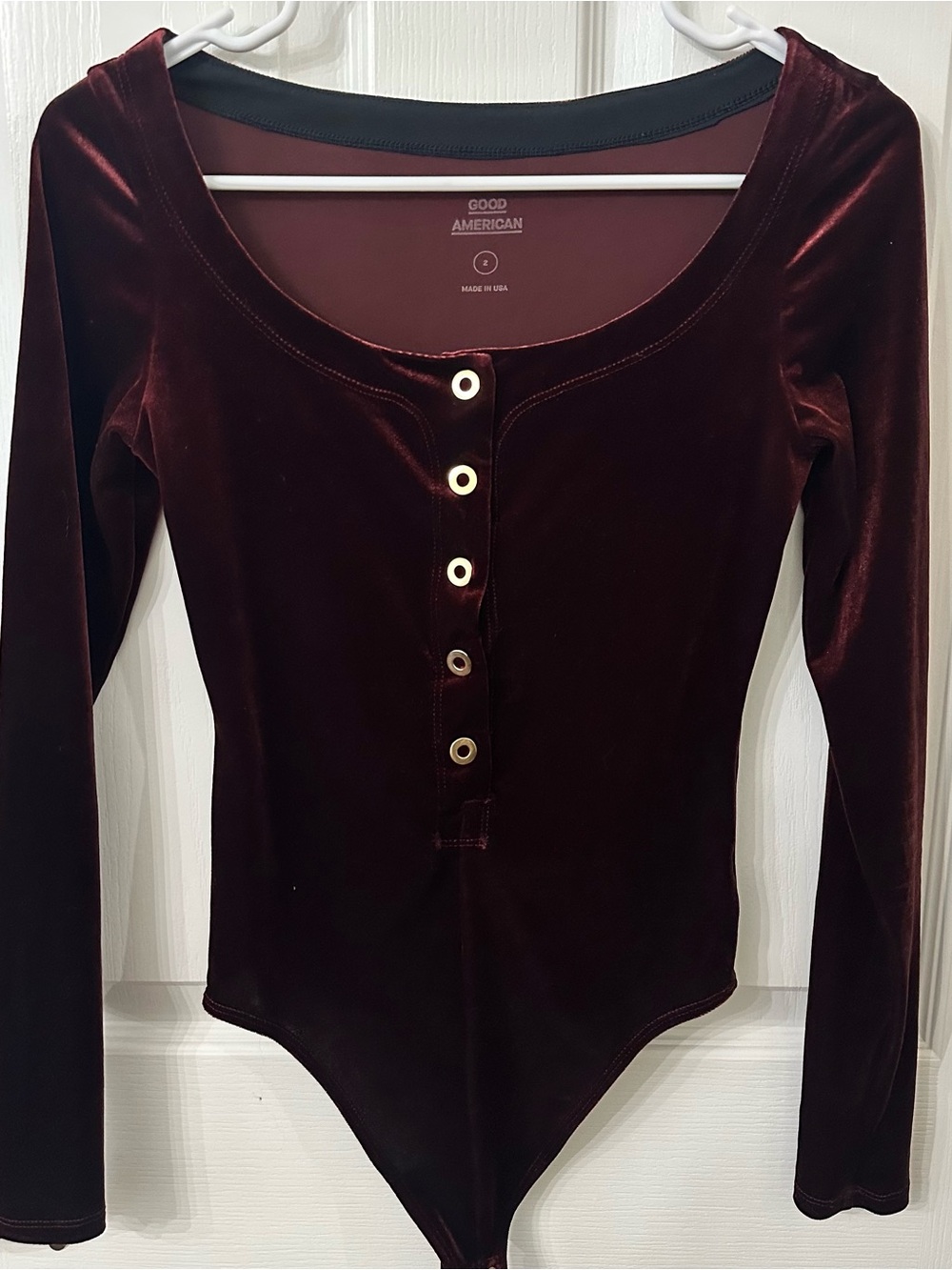 Good American Long Sleeve Velvet Henley Bodysuit, size 2
